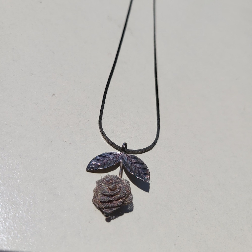 Vintage Rose Pendant Necklace Gunmetal Mesh Flower Snake Chain